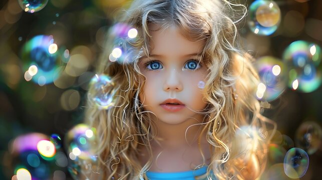 Enchanted Childhood: Little Girl with Curly Blonde Hair Surrounded by Soap Bubbles