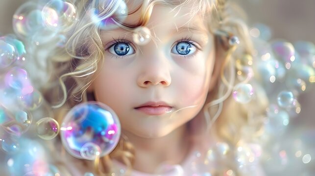 Enchanted Gaze: Little Girl with Curly Hair Amongst Shimmering Bubbles