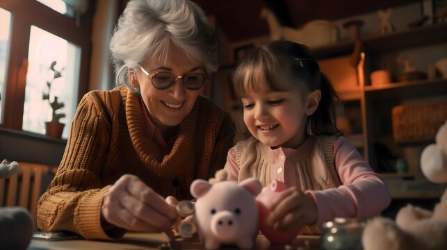 Joyful Savings: Grandmother Teaching Granddaughter to Save Money with Piggy Bank