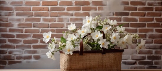 Fototapeta na wymiar Cotton flower and wicker bag vase in plant-style arrangement on a white table with a brick wall backdrop.
