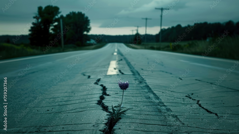 Canvas Prints a lone flower is growing in the middle of the road in the middle of a deserted road in the middle of nowhere.