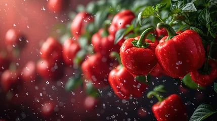 Fotobehang Ripe red peppers floating in mid-air against a vertical gradient backdrop © Pixel Town