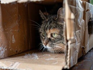 A cat is sitting in a cardboard box with its head sticking out. Generative AI.