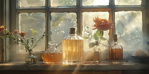 A window sill with bottles of perfume and flowers on it. Generative AI.
