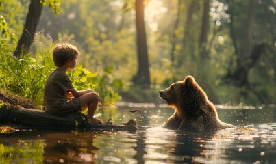 A boy sitting in a river with his bear watching him. Generative AI.