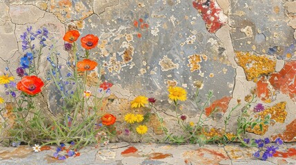 a bunch of wildflowers growing out of a crack in a rock wall with paint chippings on it.