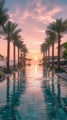 Fototapeta premium A long pool with palm trees and a sunset in the background. Generative AI.