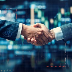 A professional handshake against a backdrop of digital technology, symbolizing business agreements in the modern digital era