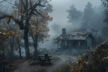 old abandoned house in the fog in a forest 