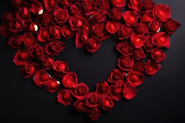 A heart shape made from vibrant red rose petals on a black background.