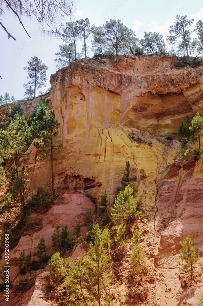 Poster Rocks in Sentier des Ocres - Ochre Trail nature park in Roussillon town, France