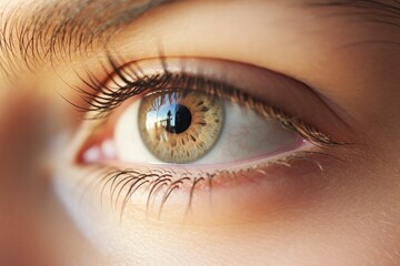 Naklejka premium Close up macro beautiful blue female woman girl human eye pupil mascara eyelashes looking at camera. Cosmetics makeup natural beauty patient contact lens ophthalmology clear healthy vision treatment
