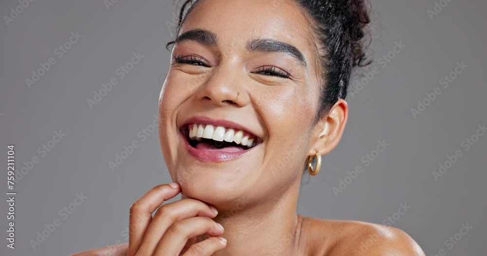 Sticker Beauty, smile and laughing with face of woman in studio on gray background for wellness or dermatology. Portrait, skincare and aesthetic with happy young model proud of natural cosmetics or treatment