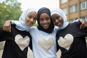 Three young women wearing black and blue shirts with hearts on them are smiling and posing for a...