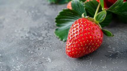 Fresh strawberry with water droplets on a textured grey backdrop. Juicy red strawberry, the essence of summer freshness. Ripe strawberry with a splash of water, nature's treat on grey stone.