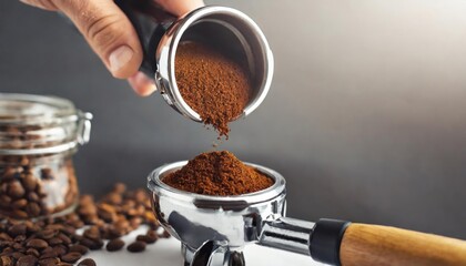 Ground coffee pouring into the professional coffee machine portafilter. high quality photo. - 759211185