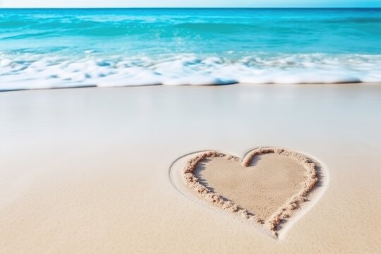 Heart symbol drawn on sandy beach with ocean waves.