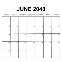 june 2048. monthly calendar design. week starts on sunday. printable, simple, and clean vector design isolated on white background.