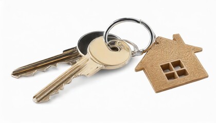 House keys with house shaped keychain, isolated on white background. high quality photo