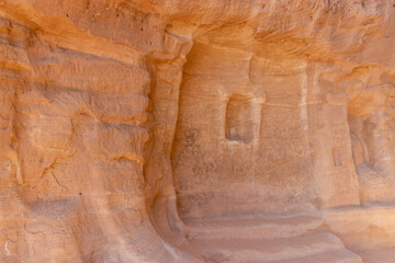 Rock carvings at Hegra (Mada'in Salih) site near Al Ula, Saudi Arabia