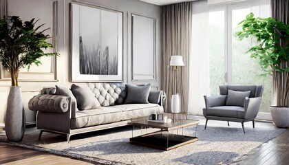 Interior of living room with Grey sofa