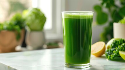 Fototapeta premium refreshing start to the day with a glass of cold-pressed green juice, made from kale, spinach, green apple, and lemon, served on a marble countertop