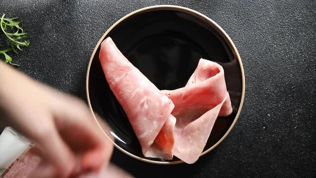 fresh ham slice pork meat food tasty eating meal food snack on the table copy space food background rustic top view