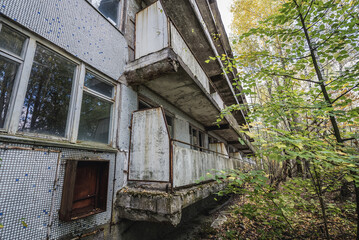 Sanatorium called Solnechny - Sunny in Pripyat ghost city in Chernobyl Exclusion Zone, Ukraine - obrazy, fototapety, plakaty