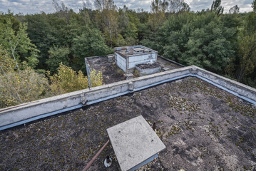 Roof of sanatorium called Solnechny - Sunny in Pripyat ghost city in Chernobyl Exclusion Zone, Ukraine - obrazy, fototapety, plakaty