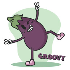 Eggplant groovy cartoon Vegetable cute kawaii Vector