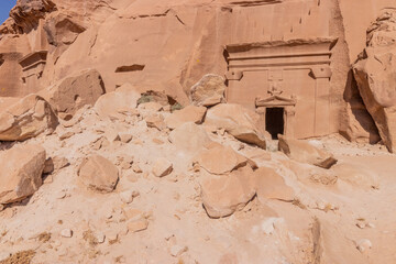 Rock cut tombs 39 and 42 in Jabal Al Banat hill at Hegra (Mada'in Salih) site near Al Ula, Saudi...