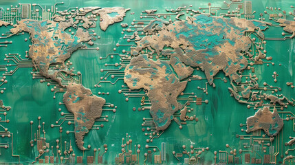 A green circuit board displaying a detailed map of the world, showcasing different continents, countries, and geographical features