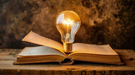 A book laying open with a light bulb placed on top, symbolizing creativity, innovation, and inspiration
