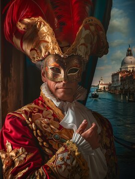 Historisch gekleideter eleganter Mann mit rotem aufwendig geschm&uuml;cktem Jacket und Hut mit Federn vor einem Vorang mit Hintergrund des Canale Grande in Venedig 