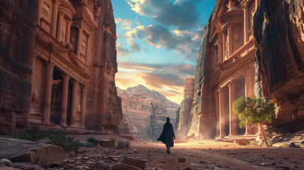 Alone individual person in a cloak walks down a narrow street flanked by tall rock buildings in a desert with the warm glow of sunrise illuminating the surrounding sandstone cliffs - obrazy, fototapety, plakaty