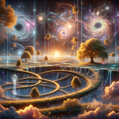 A richly detailed digital illustration depicting concepts of quantum physics and the multiverse.