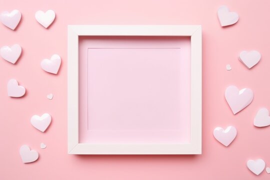 White picture frame surrounded by pastel pink hearts on a soft pink background.