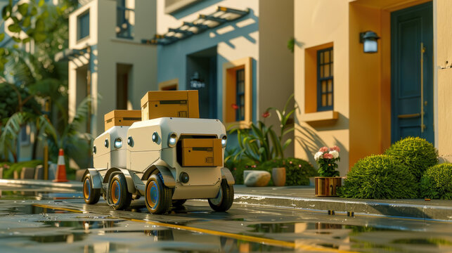 A self-driving delivery robot transports packages along a wet suburban street, demonstrating modern logistics technology