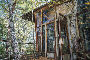 Ruined building of Cafe Pripyat in Pripyat ghost city in Chernobyl Exclusion Zone, Ukraine