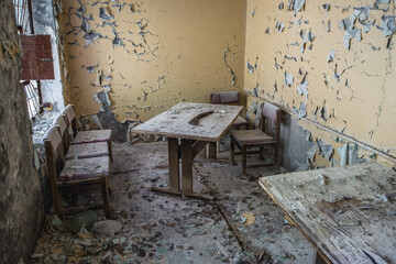 Obraz na płótnie Canvas Interior of Cafe Pripyat in Pripyat ghost city in Chernobyl Exclusion Zone, Ukraine