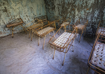 Cribs in maternity ward of Hospital MsCh-126 in Pripyat ghost city in Chernobyl Exclusion Zone,...