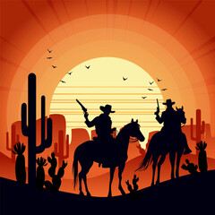 Naklejka premium Desert sunset landscape with cowboys on a horse.