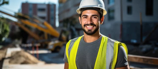 Fotobehang A man with a beard and wearing a hard hat and safety vest is smiling in front of a construction site, dressed in personal protective equipment. The asphalt behind him indicates ongoing work © 2rogan