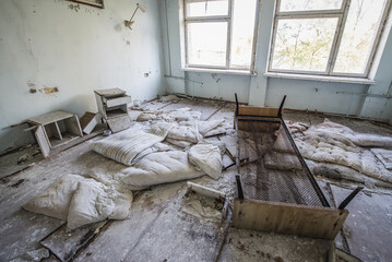 Patient room in maternity ward of hospital MsCh-126 in Pripyat ghost city in Chernobyl Exclusion...