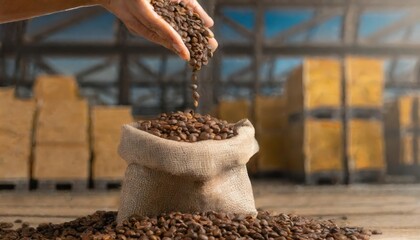  raw coffee pouring from a handful in a bag, against background of a warehouse,  - obrazy, fototapety, plakaty
