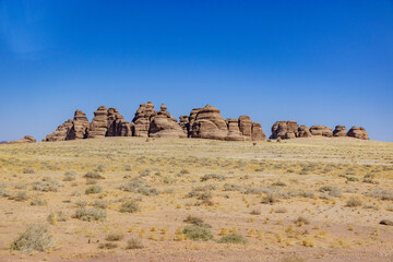Rocky landscape of Hegra (Mada'in Salih) site near Al Ula, Saudi Arabia