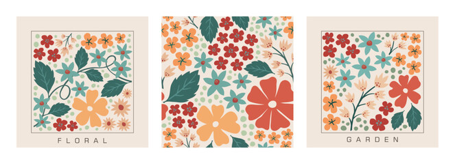 Floral set design, spring flower banner set, seamless hand drawn floral pattern illustration