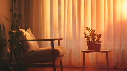 Intérieur serein : une pièce confortable avec une lumière douce filtrant à travers les rideaux, un fauteuil invitant et une table accueillante