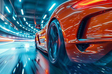 Sports car overtaking, utilizing rear curtain sync for dynamic motion effect - obrazy, fototapety, plakaty