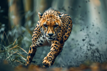 Obraz premium Cheetah overtaking prey, utilizing rear curtain sync for dynamic motion effect